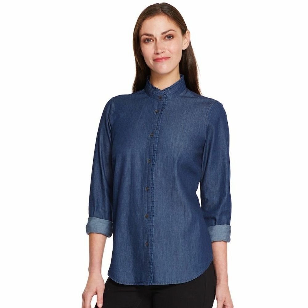IZOD Denim Ruffle Collar Button Down  Shirt Womens Size Medium